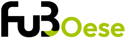 Stilisiertes Logo mit fetten schwarzen Buchstaben FuB und grünen Buchstaben Oese, die das Wort FuBoese auf einem hellen Hintergrund bilden.